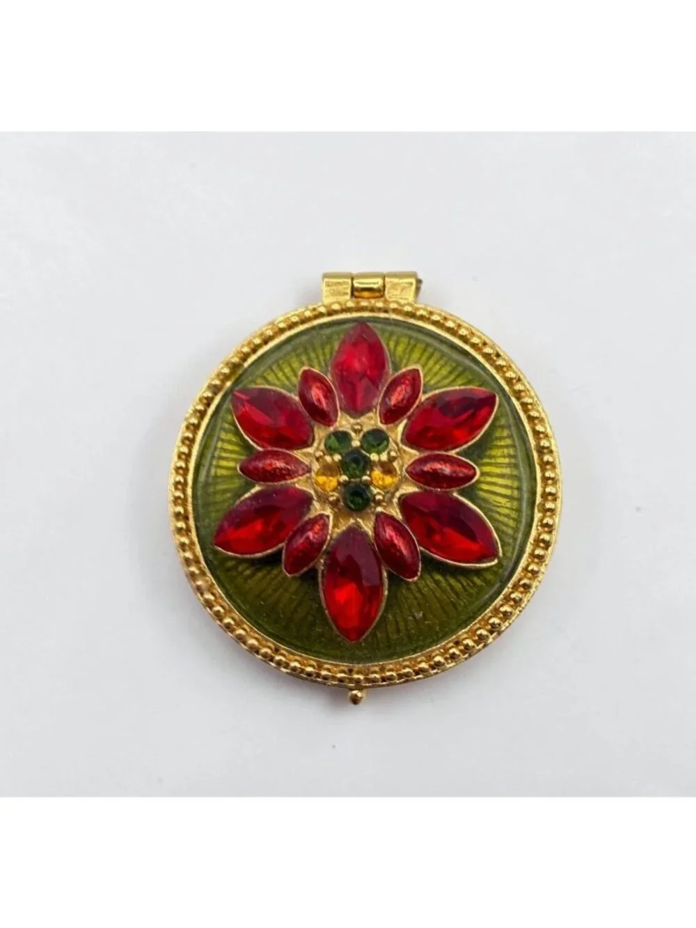 Christopher Radko Enamel Trinket Pill Box Red Poinsettia Flower Gold Tone Round